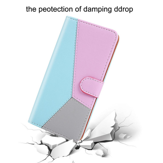 For Samsung Galaxy S23+ 5G Tricolor Stitching Flip Leather Phone Case(Blue)