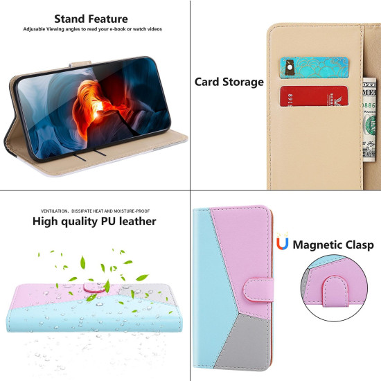 For Samsung Galaxy S23+ 5G Tricolor Stitching Flip Leather Phone Case(Blue)