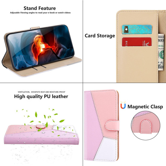 For Samsung Galaxy S23+ 5G Tricolor Stitching Flip Leather Phone Case(Pink)