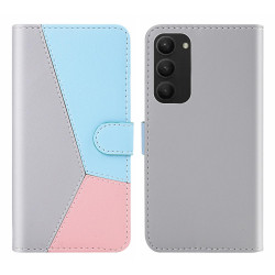 For Samsung Galaxy S23+ 5G Tricolor Stitching Flip Leather Phone Case(Grey)