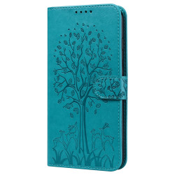 For Samsung Galaxy S23+ 5G Tree & Deer Pattern Pressed Printing Horizontal Flip Leather Phone Case(Blue)