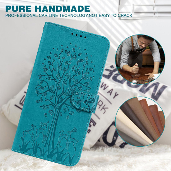 For Samsung Galaxy S23+ 5G Tree & Deer Pattern Pressed Printing Horizontal Flip Leather Phone Case(Blue)