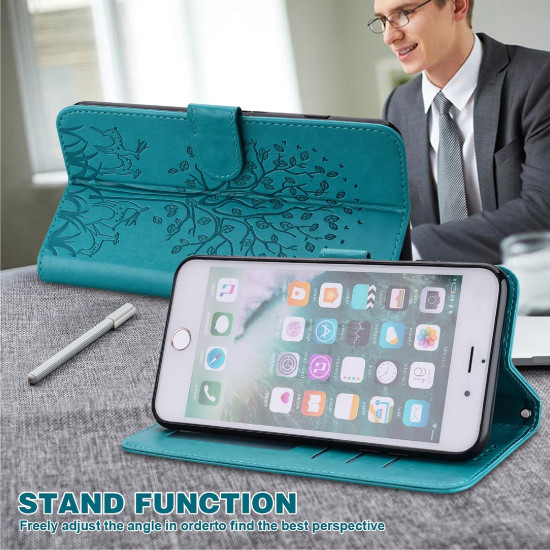 For Samsung Galaxy S23+ 5G Tree & Deer Pattern Pressed Printing Horizontal Flip Leather Phone Case(Blue)