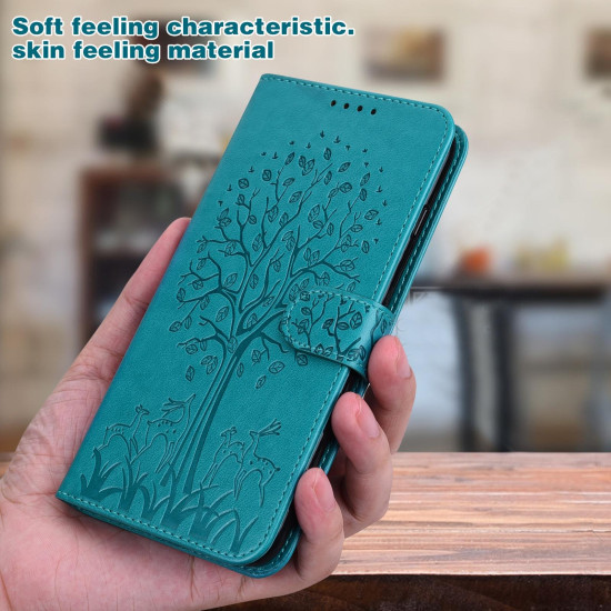 For Samsung Galaxy S23+ 5G Tree & Deer Pattern Pressed Printing Horizontal Flip Leather Phone Case(Blue)