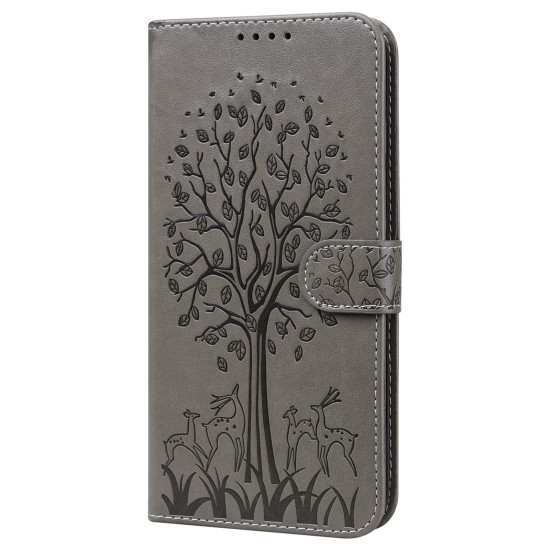 For Samsung Galaxy S23+ 5G Tree & Deer Pattern Pressed Printing Horizontal Flip Leather Phone Case(Grey)
