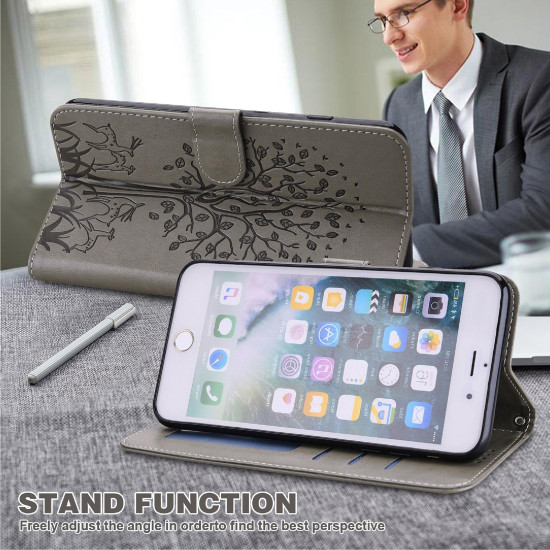 For Samsung Galaxy S23+ 5G Tree & Deer Pattern Pressed Printing Horizontal Flip Leather Phone Case(Grey)