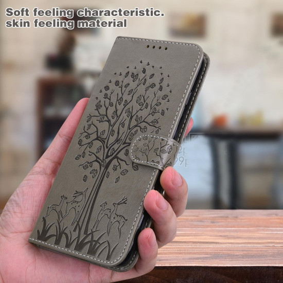 For Samsung Galaxy S23+ 5G Tree & Deer Pattern Pressed Printing Horizontal Flip Leather Phone Case(Grey)