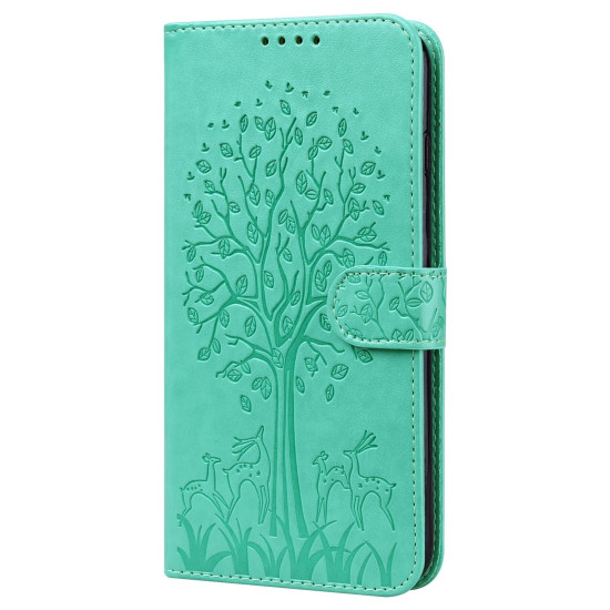For Samsung Galaxy S23+ 5G Tree & Deer Pattern Pressed Printing Horizontal Flip Leather Phone Case(Green)
