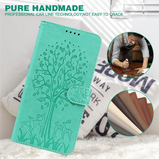 For Samsung Galaxy S23+ 5G Tree & Deer Pattern Pressed Printing Horizontal Flip Leather Phone Case(Green)