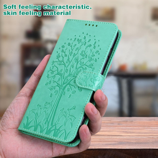 For Samsung Galaxy S23+ 5G Tree & Deer Pattern Pressed Printing Horizontal Flip Leather Phone Case(Green)