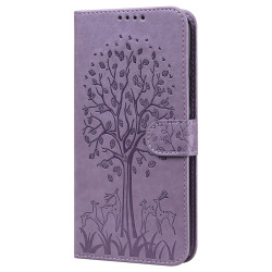 For Samsung Galaxy S23+ 5G Tree & Deer Pattern Pressed Printing Horizontal Flip Leather Phone Case(Purple)