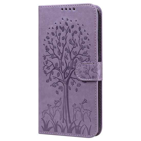 For Samsung Galaxy S23+ 5G Tree & Deer Pattern Pressed Printing Horizontal Flip Leather Phone Case(Purple)