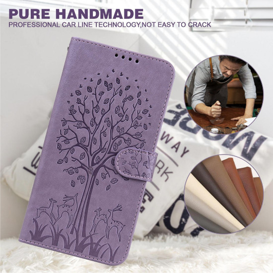 For Samsung Galaxy S23+ 5G Tree & Deer Pattern Pressed Printing Horizontal Flip Leather Phone Case(Purple)