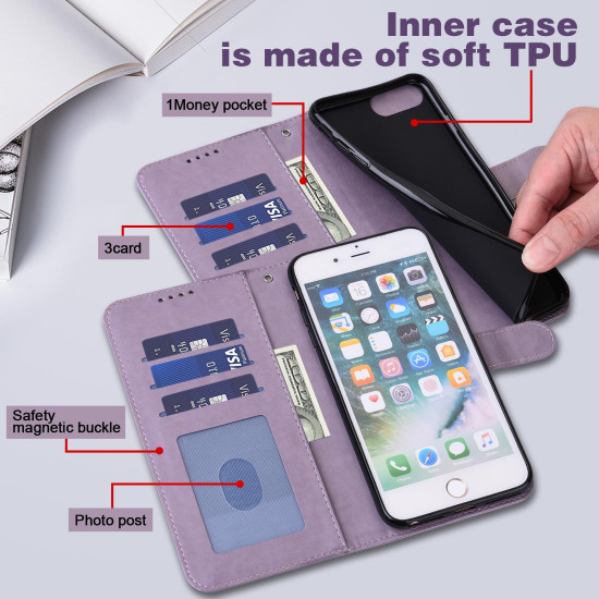 For Samsung Galaxy S23+ 5G Tree & Deer Pattern Pressed Printing Horizontal Flip Leather Phone Case(Purple)
