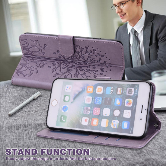 For Samsung Galaxy S23+ 5G Tree & Deer Pattern Pressed Printing Horizontal Flip Leather Phone Case(Purple)