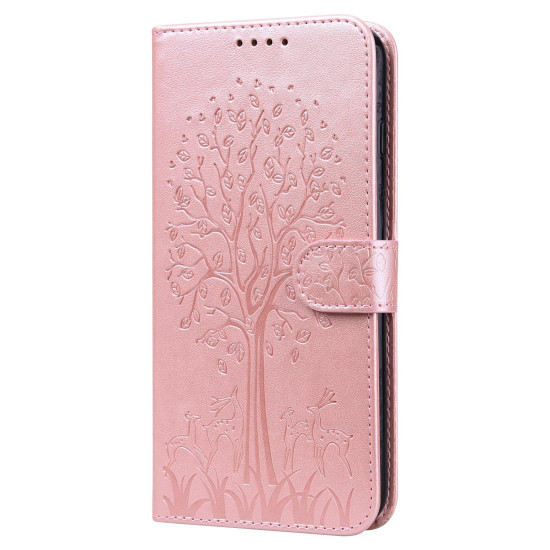 For Samsung Galaxy S23+ 5G Tree & Deer Pattern Pressed Printing Horizontal Flip Leather Phone Case(Pink)
