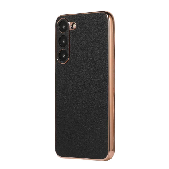 For Samsung Galaxy S23+ 5G Waves Series Nano Electroplating Genuine Leather Phone Case(Black)