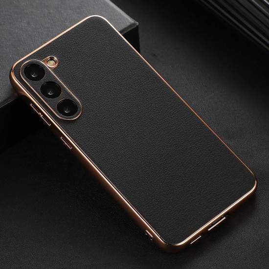 For Samsung Galaxy S23+ 5G Waves Series Nano Electroplating Genuine Leather Phone Case(Black)