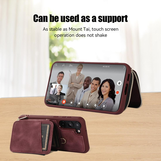 For Samsung Galaxy S23+ 5G Zipper Card Bag Back Cover Phone Case(Wine Red)