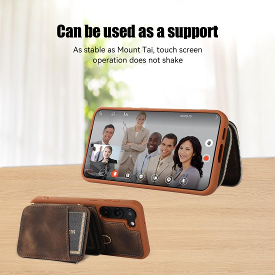 For Samsung Galaxy S23+ 5G Zipper Card Bag Back Cover Phone Case(Brown)