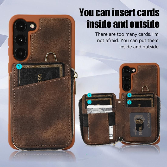 For Samsung Galaxy S23+ 5G Zipper Card Bag Back Cover Phone Case(Brown)