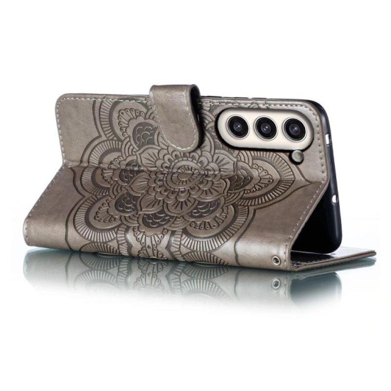 For Samsung Galaxy S23+ 5G Sun Mandala Embossing Pattern Phone Leather Case(Grey)