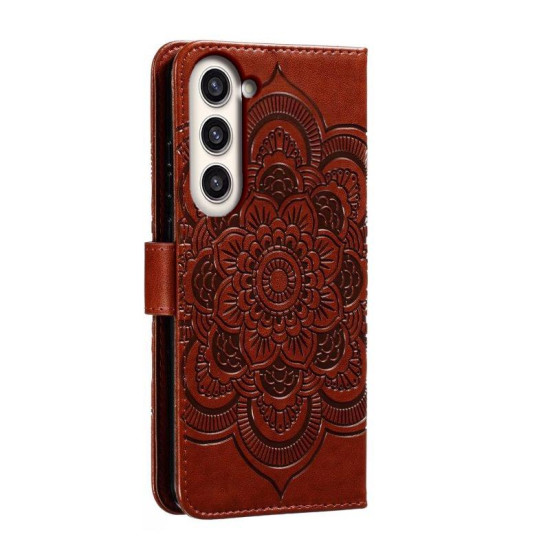 For Samsung Galaxy S23+ 5G Sun Mandala Embossing Pattern Phone Leather Case(Brown)