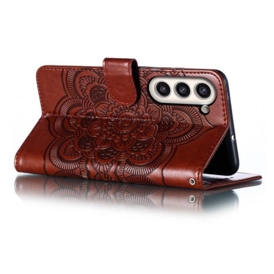 For Samsung Galaxy S23+ 5G Sun Mandala Embossing Pattern Phone Leather Case(Brown)