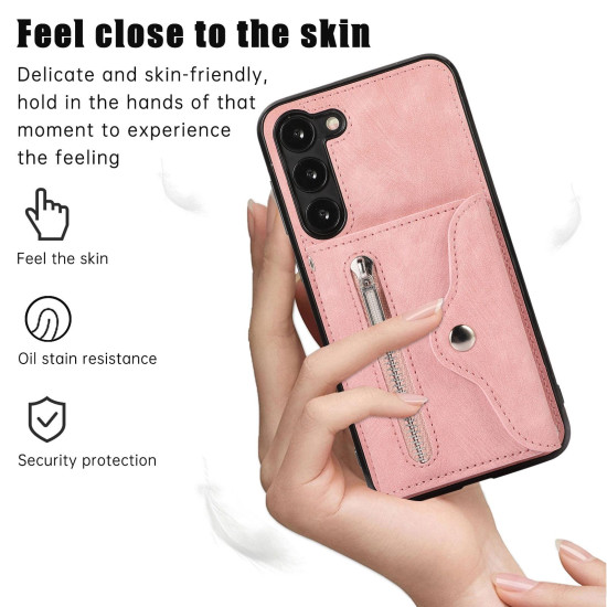 For Samsung Galaxy S23+ 5G Zipper RFID Card Slots Phone Case with Short Lanyard(Rose Gold)