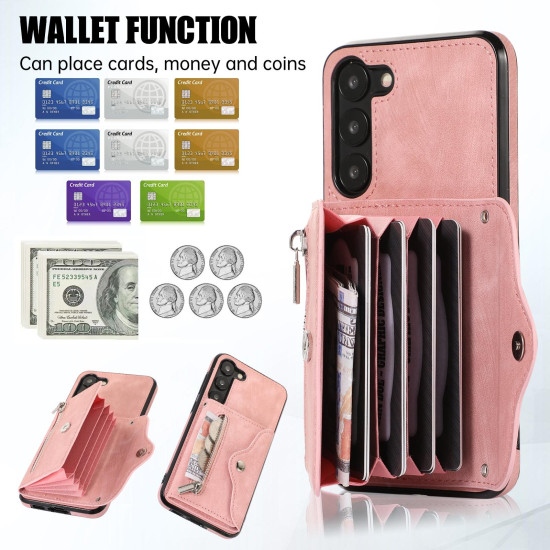 For Samsung Galaxy S23+ 5G Zipper RFID Card Slots Phone Case with Short Lanyard(Rose Gold)