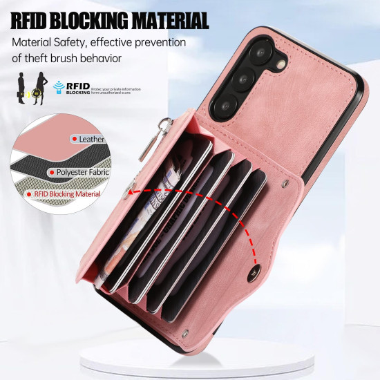 For Samsung Galaxy S23+ 5G Zipper RFID Card Slots Phone Case with Short Lanyard(Rose Gold)