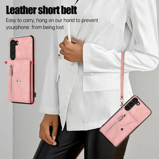 For Samsung Galaxy S23+ 5G Zipper RFID Card Slots Phone Case with Short Lanyard(Rose Gold)