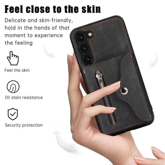 For Samsung Galaxy S23+ 5G Zipper RFID Card Slots Phone Case with Short Lanyard(Black)