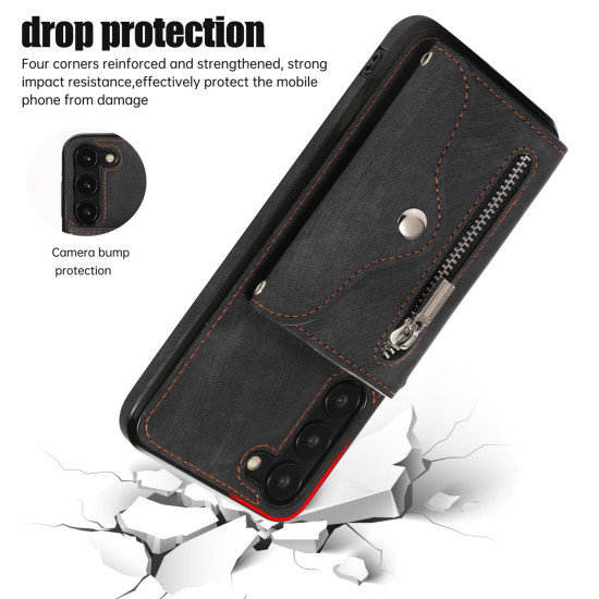 For Samsung Galaxy S23+ 5G Zipper RFID Card Slots Phone Case with Short Lanyard(Black)