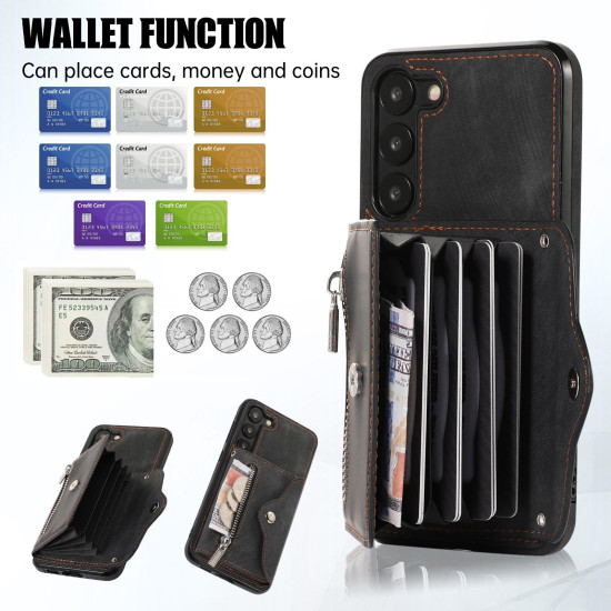 For Samsung Galaxy S23+ 5G Zipper RFID Card Slots Phone Case with Short Lanyard(Black)