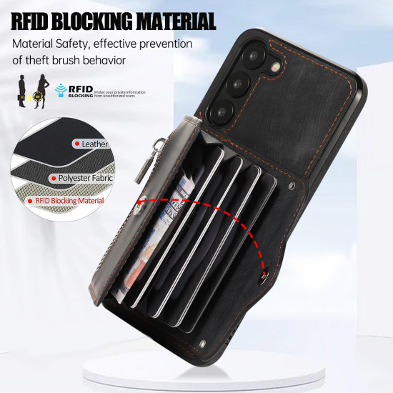 For Samsung Galaxy S23+ 5G Zipper RFID Card Slots Phone Case with Short Lanyard(Black)
