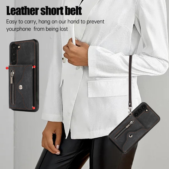 For Samsung Galaxy S23+ 5G Zipper RFID Card Slots Phone Case with Short Lanyard(Black)