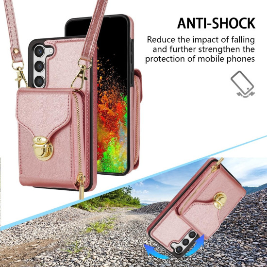 For Samsung Galaxy S23+ 5G Zipper Hardware Card Wallet Phone Case(Rose Gold)