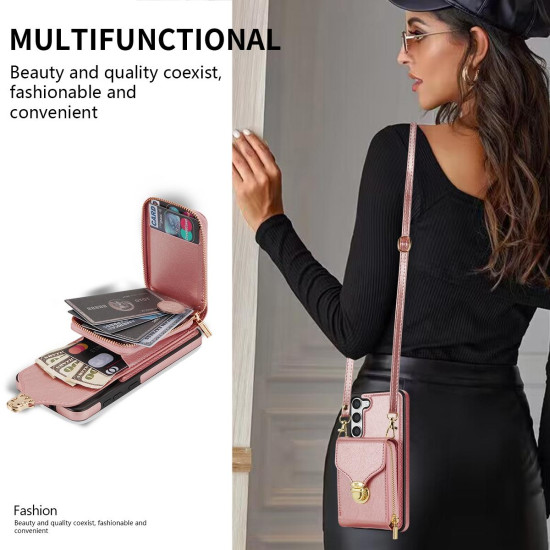 For Samsung Galaxy S23+ 5G Zipper Hardware Card Wallet Phone Case(Rose Gold)