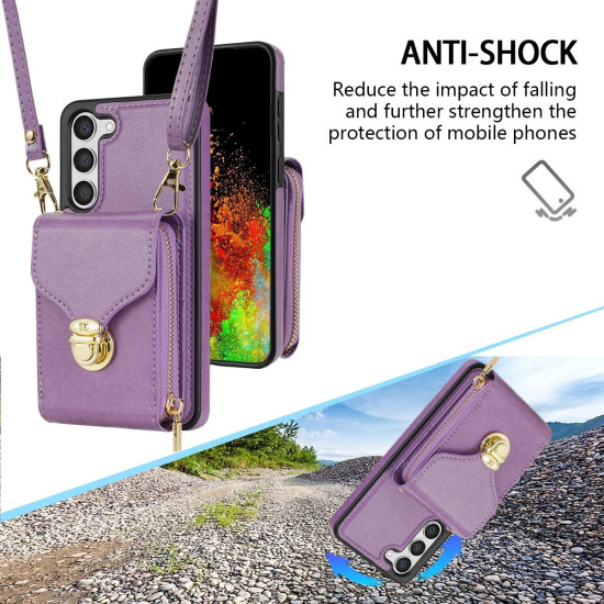 For Samsung Galaxy S23+ 5G Zipper Hardware Card Wallet Phone Case(Purple)