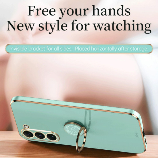 For Samsung Galaxy S24+ 5G XINLI Straight Edge 6D Electroplate TPU Phone Case with Ring Holder(Mint Green)