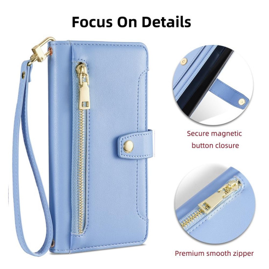 For Samsung Galaxy S24+ 5G Sheep Texture Cross-body Zipper Wallet Leather Phone Case(Blue)