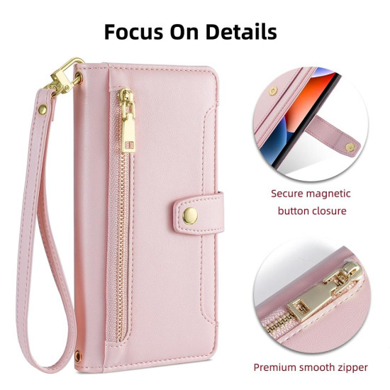 For Samsung Galaxy S24+ 5G Sheep Texture Cross-body Zipper Wallet Leather Phone Case(Pink)
