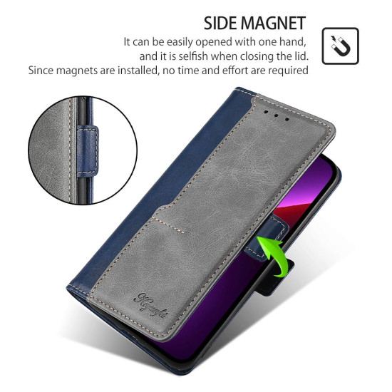 For Samsung Galaxy S24+ 5G Contrast Color Side Buckle Leather Phone Case(Blue + Grey)