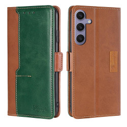 For Samsung Galaxy S24+ 5G Contrast Color Side Buckle Leather Phone Case(Light Brown + Green)