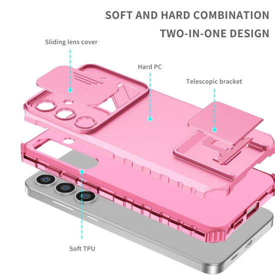For Samsung Galaxy S24+ 5G Stereoscopic Holder Sliding Camshield Phone Case(Pink)