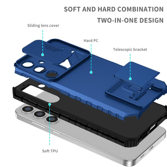 For Samsung Galaxy S24+ 5G Stereoscopic Holder Sliding Camshield Phone Case(Blue)