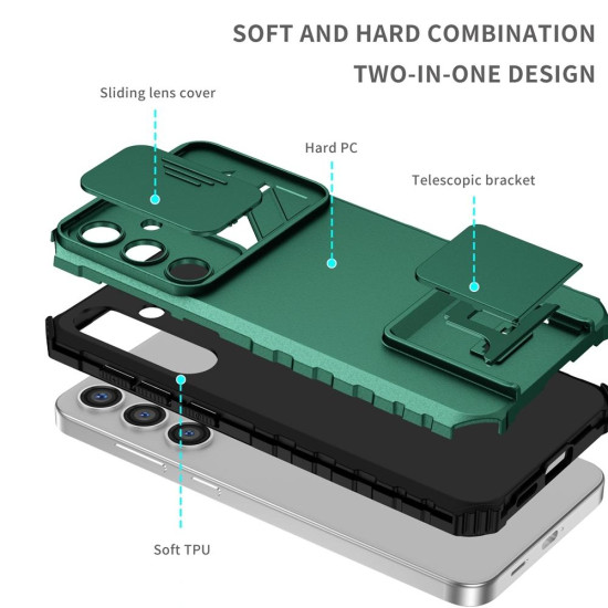 For Samsung Galaxy S24+ 5G Stereoscopic Holder Sliding Camshield Phone Case(Green)