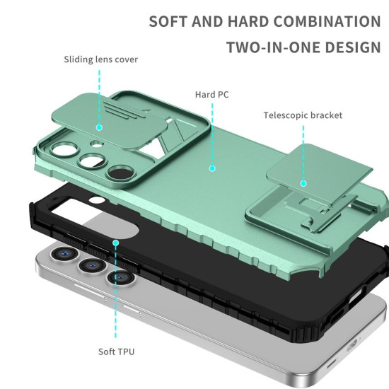 For Samsung Galaxy S24+ 5G Stereoscopic Holder Sliding Camshield Phone Case(Light Green)