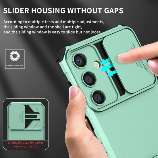 For Samsung Galaxy S24+ 5G Stereoscopic Holder Sliding Camshield Phone Case(Light Green)